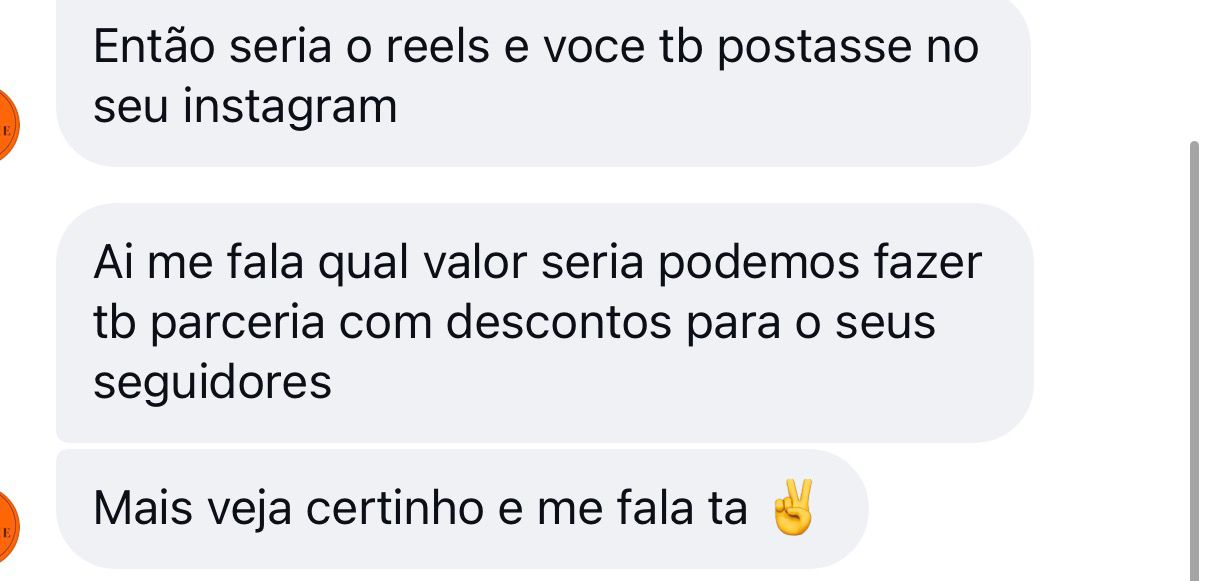 Empresa propondo uma parceria com Reels e publicação no Instagram